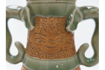 江戸〜明治　三田焼　青磁　双耳　高さ30.5cm　花瓶(花器、花入、壺、壷)(R-063314)