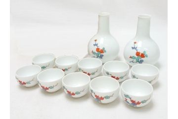 明治〜大正　時代物　角福　柿右衛門　酒器　染付　渦福　徳利2本・猪口10客(和食器、とっくり、おちょこ)(R-063322)