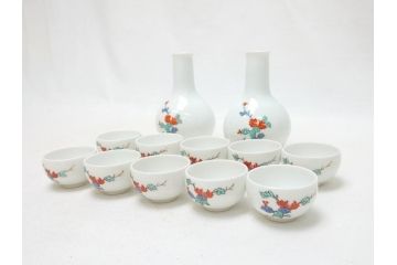 明治〜大正　時代物　角福　柿右衛門　酒器　染付　渦福　徳利2本・猪口10客(和食器、とっくり、おちょこ)(R-063322)
