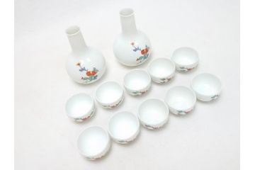 明治〜大正　時代物　角福　柿右衛門　酒器　染付　渦福　徳利2本・猪口10客(和食器、とっくり、おちょこ)(R-063322)