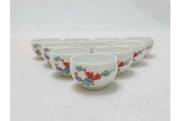 明治〜大正　時代物　角福　柿右衛門　酒器　染付　渦福　徳利2本・猪口10客(和食器、とっくり、おちょこ)(R-063322)