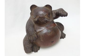 時代物　門井鳳雲　総欅(ケヤキ)材　招き狸　木彫り(タヌキ、たぬき、置物、ディスプレイ)(R-063323)