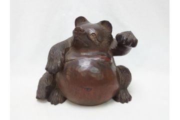 時代物　門井鳳雲　総欅(ケヤキ)材　招き狸　木彫り(タヌキ、たぬき、置物、ディスプレイ)(R-063323)