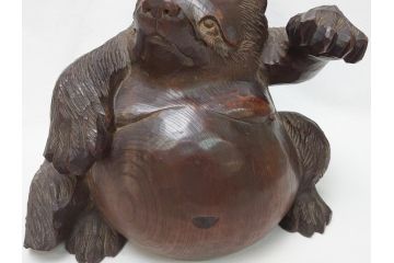 時代物　門井鳳雲　総欅(ケヤキ)材　招き狸　木彫り(タヌキ、たぬき、置物、ディスプレイ)(R-063323)