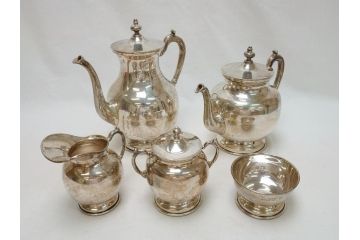 ビンテージ　銀製　総重量約2319g　STERLING(スターリング)925　MEXICO　ティーセット5点(ポット2点、クリーマー、シュガーポット2点、洋食器、銀食器、ヴィンテージ)(R-063324)