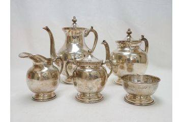 ビンテージ　銀製　総重量約2319g　STERLING(スターリング)925　MEXICO　ティーセット5点(ポット2点、クリーマー、シュガーポット2点、洋食器、銀食器、ヴィンテージ)(R-063324)