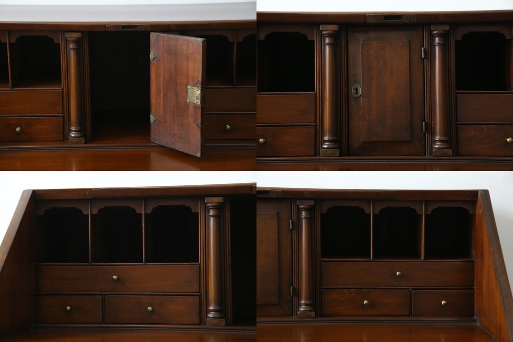 イギリスアンティーク　マホガニー材　凝ったつくりの取っ手がクラシカルな雰囲気を高めるライティングビューロー　(R-063350)