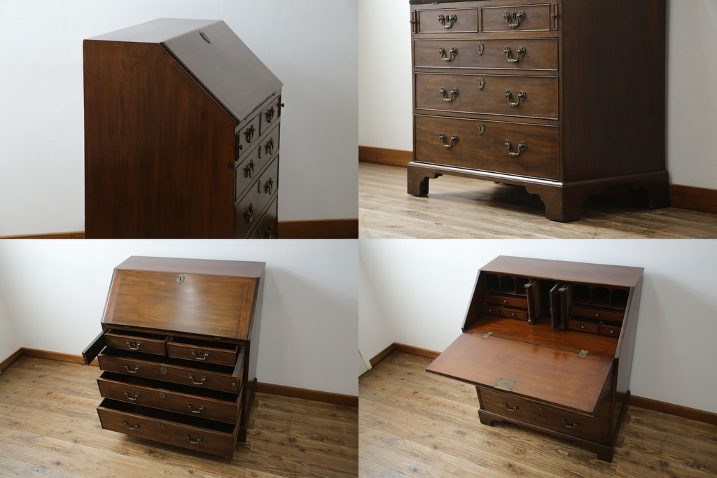 イギリスアンティーク　マホガニー材　凝ったつくりの取っ手がクラシカルな雰囲気を高めるライティングビューロー　(R-063350)