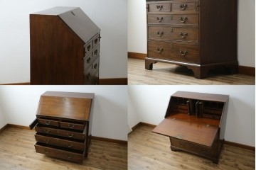 イギリスアンティーク　マホガニー材　凝ったつくりの取っ手がクラシカルな雰囲気を高めるライティングビューロー　(R-063350)