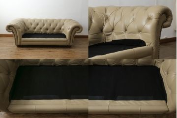 中古　イギリス輸入品　本革(レザー)　高級感溢れる佇まいが魅力のチェスターフィールドソファ(2.5人掛けソファ、3人掛けソファ、アームソファ)(R-063352)
