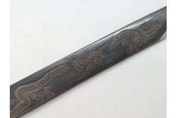 藤原良明(加藤真平)作　切り出し　龍の図　武蔵國水心子　昭和丙寅年八月日　全長275mm　小刀(短刀、ナイフ、刃物)(R-063365)