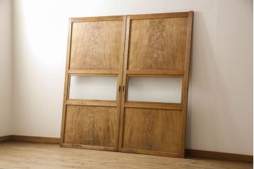アンティーク建具　昭和中期　レーザー組子入れます!　ガラス帯戸2枚セット(引き戸、ガラス戸、組子建具、レーザー組子板戸)(R-063381)