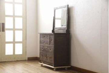 中古　軽井沢彫り　牡丹の彫刻に目を奪われるドレッサー(ドレッシングチェスト、鏡台、ミラー、引き出し、化粧台)(R-063416)