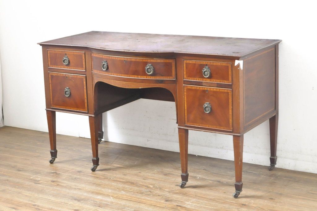 イギリスアンティーク ペイント仕上げ限定 曲線を描くデザインがエレガントなドレッサーサイドボード(両袖机、ニーホールデスク、ワークデスク、在宅ワーク用、在宅用、引き出し)(R-063456)