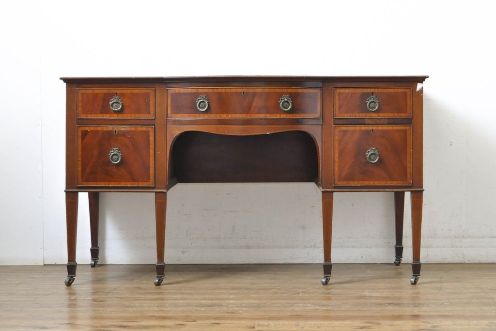 イギリスアンティーク ペイント仕上げ限定 曲線を描くデザインがエレガントなドレッサーサイドボード(両袖机、ニーホールデスク、ワークデスク、在宅ワーク用、在宅用、引き出し)(R-063456)