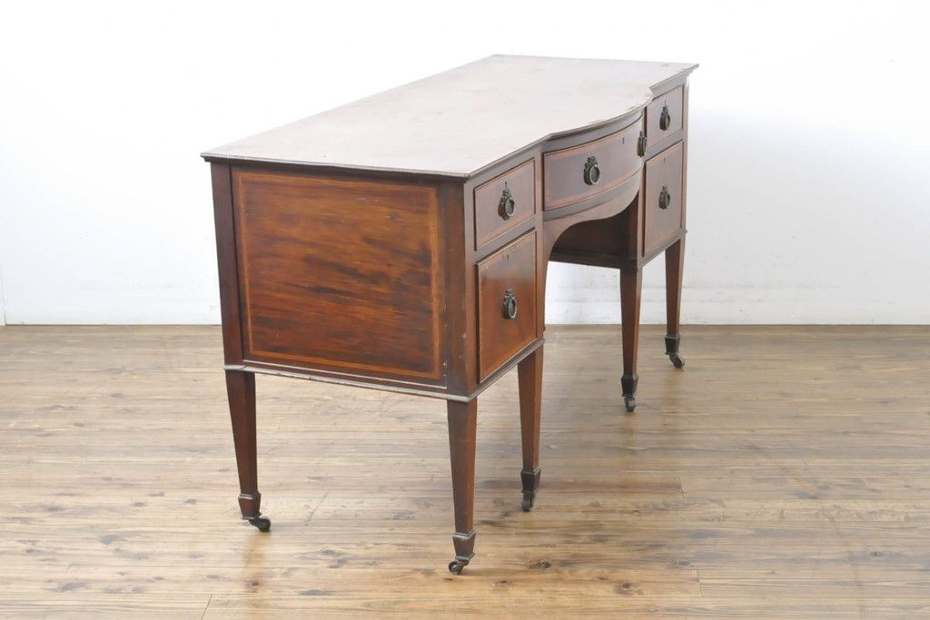 イギリスアンティーク ペイント仕上げ限定 曲線を描くデザインがエレガントなドレッサーサイドボード(両袖机、ニーホールデスク、ワークデスク、在宅ワーク用、在宅用、引き出し)(R-063456)