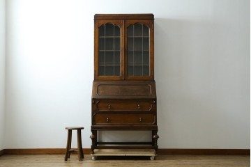 イギリスアンティーク　オーク材　ステンドグラス入りのビューローブックケース　(R-063457)