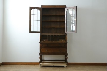 イギリスアンティーク　オーク材　ステンドグラス入りのビューローブックケース　(R-063457)