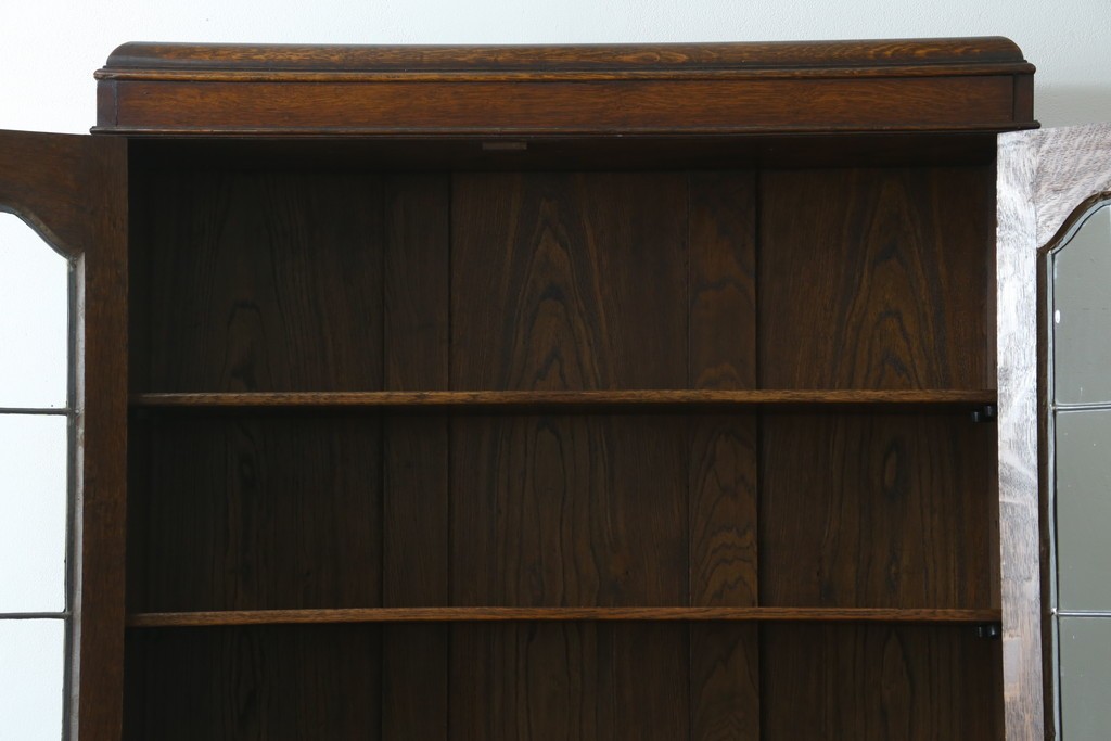 イギリスアンティーク　オーク材　ステンドグラス入りのビューローブックケース　(R-063457)