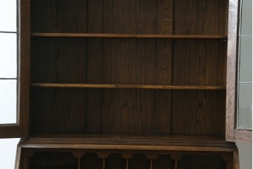 イギリスアンティーク　オーク材　ステンドグラス入りのビューローブックケース　(R-063457)