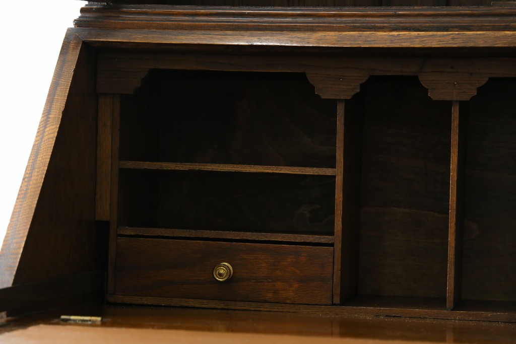 イギリスアンティーク　オーク材　ステンドグラス入りのビューローブックケース　(R-063457)