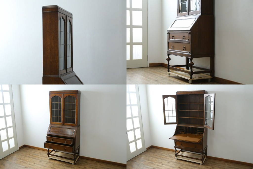 イギリスアンティーク　オーク材　ステンドグラス入りのビューローブックケース　(R-063457)