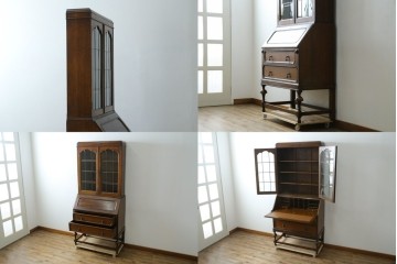 イギリスアンティーク　オーク材　ステンドグラス入りのビューローブックケース　(R-063457)