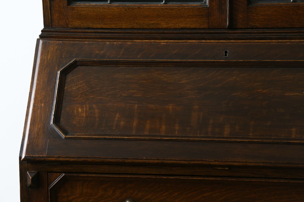 イギリスアンティーク　オーク材　ステンドグラス入りのビューローブックケース　(R-063457)