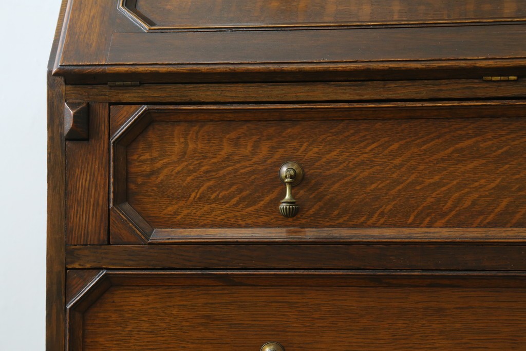 イギリスアンティーク　オーク材　ステンドグラス入りのビューローブックケース　(R-063457)