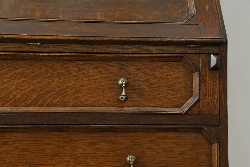 イギリスアンティーク　オーク材　ステンドグラス入りのビューローブックケース　(R-063457)