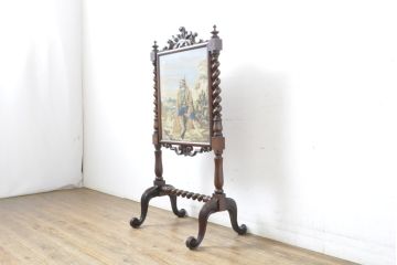 イギリスアンティーク　高級品　マホガニー材　ゴブラン織り　絵織物　凝ったデザインのパーテーション(ファイヤーガード、ファイヤースクリーン、衝立て、つい立て、仕切り)(R-063458)