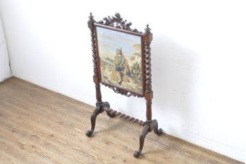 イギリスアンティーク　高級品　マホガニー材　ゴブラン織り　絵織物　凝ったデザインのパーテーション(ファイヤーガード、ファイヤースクリーン、衝立て、つい立て、仕切り)(R-063458)