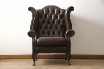 イギリスビンテージ　本革(レザー)　猫脚がお洒落!!上品な佇まいのウイングバックソファ(ウィングバックソファ、アームチェア、1人掛けソファ、1P、ヴィンテージ)(R-063507)