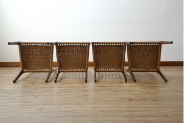デンマークビンテージ　Mogens Kold(モーエンス・コード社)　Arne Hovmand Olsen(アルネ・ホブマン・オルセン)デザイン　通気性に優れたペーパーコードチェア4脚セット(ダイニングチェア、アームレスチェア、椅子、イス、ヴィンテージ、北欧)(R-063567)