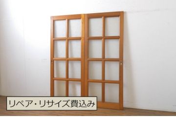 昭和レトロ　ヒノキ(檜)材　昭和の懐かしい雰囲気のあるレトロなガラス戸2枚セット(建具、引き戸)(R-063588)