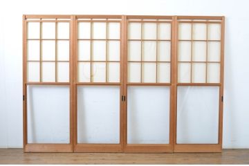 昭和レトロ　どこか懐かしい雰囲気漂うレトロな幅狭雪見障子戸4枚セット(建具、擦り上げ障子戸、擦上障子戸、引き戸)(R-063589)