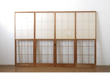 昭和レトロ　どこか懐かしい雰囲気漂うレトロな幅狭雪見障子戸4枚セット(建具、擦り上げ障子戸、擦上障子戸、引き戸)(R-063589)