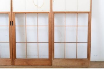 昭和レトロ　どこか懐かしい雰囲気漂うレトロな幅狭雪見障子戸4枚セット(建具、擦り上げ障子戸、擦上障子戸、引き戸)(R-063589)