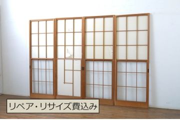 昭和レトロ　使い込まれた風合いが味わい深いレトロな幅狭雪見障子戸4枚セット(建具、擦り上げ障子戸、擦上障子戸、引き戸)(R-063590)