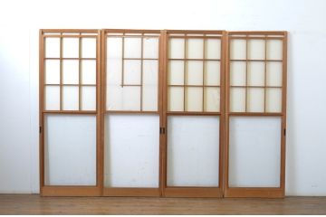 昭和レトロ　使い込まれた風合いが味わい深いレトロな幅狭雪見障子戸4枚セット(建具、擦り上げ障子戸、擦上障子戸、引き戸)(R-063590)