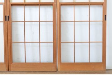 昭和レトロ　使い込まれた風合いが味わい深いレトロな幅狭雪見障子戸4枚セット(建具、擦り上げ障子戸、擦上障子戸、引き戸)(R-063590)