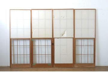 昭和レトロ　使い込まれた風合いが味わい深いレトロな幅狭雪見障子戸4枚セット(建具、擦り上げ障子戸、擦上障子戸、引き戸)(R-063590)