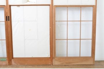 昭和レトロ　使い込まれた風合いが味わい深いレトロな幅狭雪見障子戸4枚セット(建具、擦り上げ障子戸、擦上障子戸、引き戸)(R-063590)