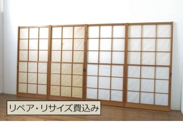 アンティーク建具　レトロな雰囲気を醸し出す雪見障子戸4枚セット(擦り上げ障子戸、擦上障子戸、引き戸)(R-063593)