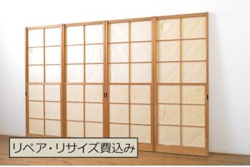 アンティーク建具　どこかレトロな雰囲気を感じさせる幅狭雪見障子戸4枚セット(擦り上げ障子戸、擦上障子戸、引き戸)(R-063595)