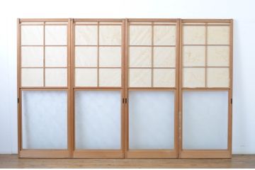 アンティーク建具　どこかレトロな雰囲気を感じさせる幅狭雪見障子戸4枚セット(擦り上げ障子戸、擦上障子戸、引き戸)(R-063595)