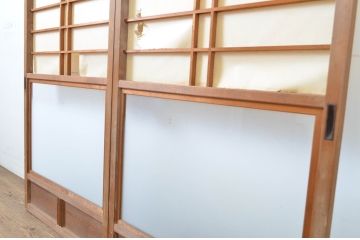 アンティーク建具　腰板欅(ケヤキ)材　ガラス入り　経年を感じる風合いが魅力の幅狭障子戸2枚セット(引き戸、ガラス帯戸)(R-063597)