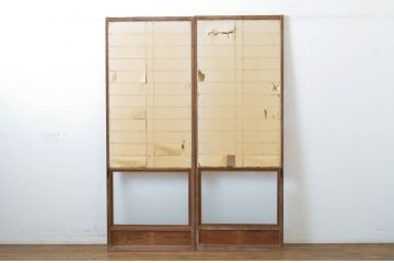 アンティーク建具　腰板欅(ケヤキ)材　ガラス入り　経年を感じる風合いが魅力の幅狭障子戸2枚セット(引き戸、ガラス帯戸)(R-063597)