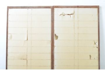 アンティーク建具　腰板欅(ケヤキ)材　ガラス入り　経年を感じる風合いが魅力の幅狭障子戸2枚セット(引き戸、ガラス帯戸)(R-063597)