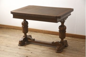 アンティーク家具　イギリスアンティーク　オーク材　ブルボーズレッグが目を惹くドローリーフテーブル(エクステンションテーブル、ダイニングテーブル、食卓、2人掛け、4人掛け、6人掛け)(R-063604)